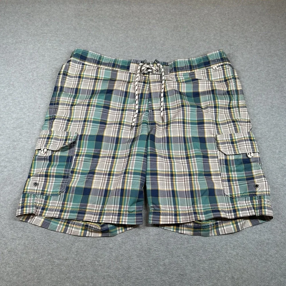 Lands End Swim Trunks Mens L Green Plaid Cargo Pockets Lined 8.5 in Inseam Board